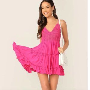 SHEIN Pink Crochet Beachy Vacation Mini Dress